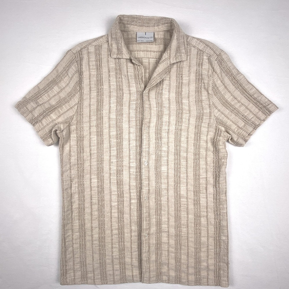 Larsson & Co Mens Medium Short Sleeve Textured Stripe Button Up Shirt Beige Tan